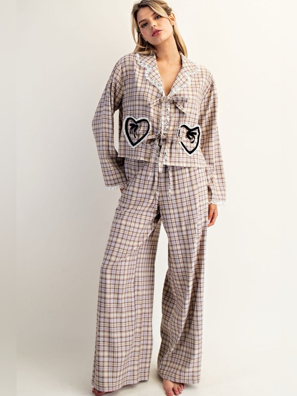 Ee:some Dewberry Cream Plaid Lace Trim Pajama Set